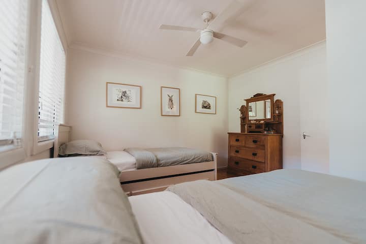 Twin bedroom with two king single beds.