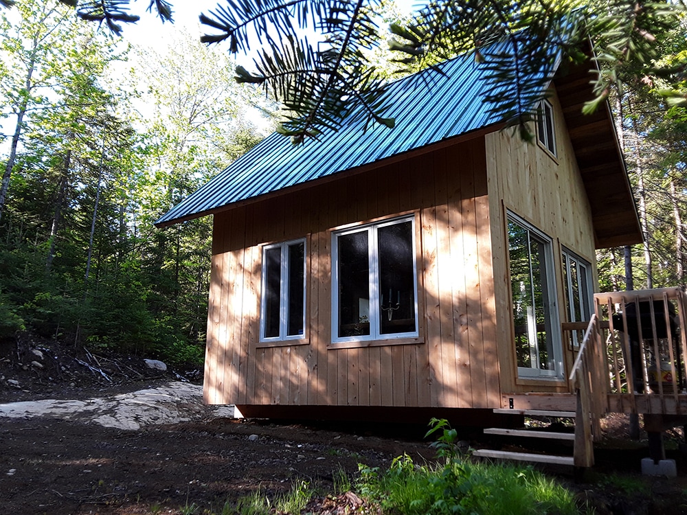 The cabin features a warm wooden exterior with a sloped roof, set against a backdrop of greenery. Large windows allow natural light to enter the space, and a wooden deck leads to the entrance, providing easy access to the surrounding forest.