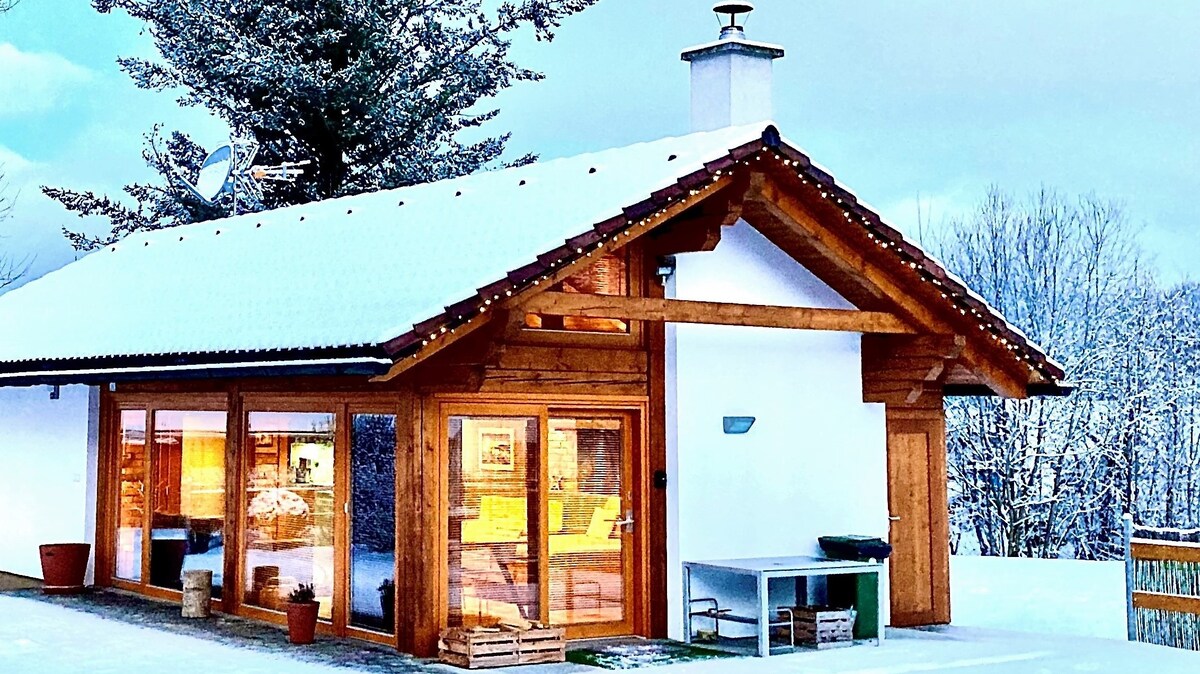 A charming wooden cabin features a sloped roof and large glass windows, allowing for ample natural light. The exterior is surrounded by a snowy landscape, enhancing its winter ambiance. Outdoor furniture and potted plants add subtle details to the inviting entrance.