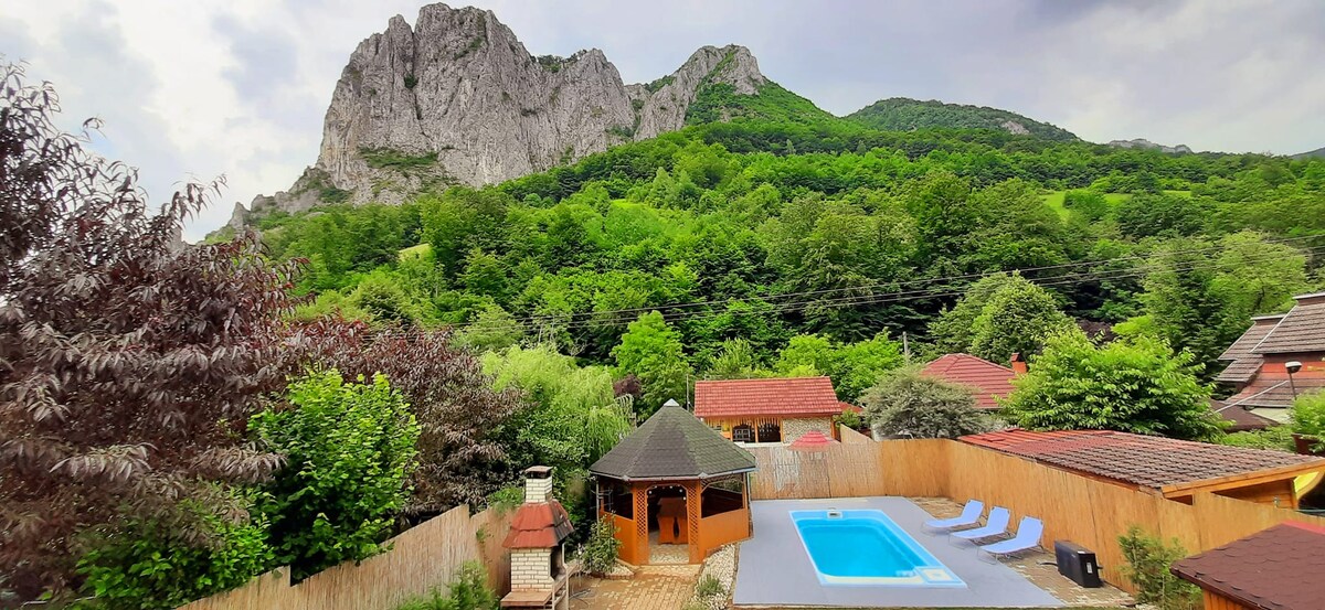 A serene outdoor area is highlighted, featuring a blue swimming pool surrounded by lounge chairs. A pavilion provides shaded seating, with lush greenery and mountainous terrain in the background. Fenced spaces create a sense of privacy, enhancing the tranquil environment.