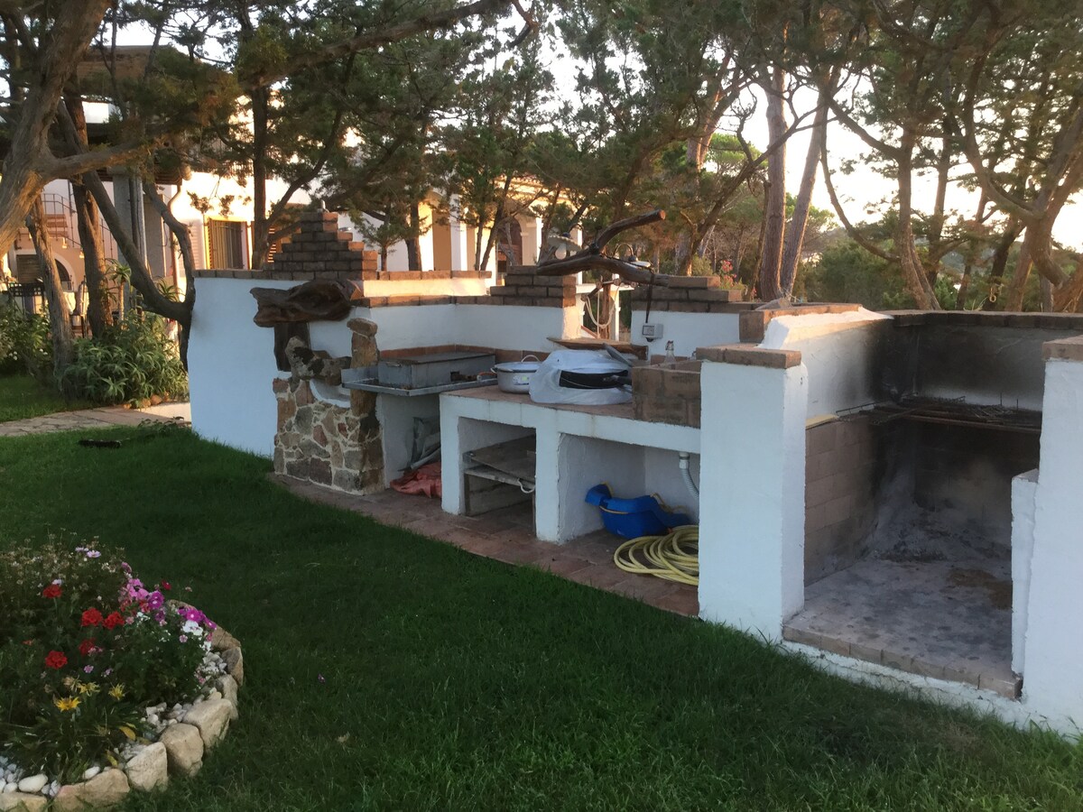 An outdoor barbecue area features built-in stone and masonry surfaces, equipped with a grill and preparation space. Lush green grass surrounds the area, complemented by vibrant flower beds. Nearby trees provide natural shade, enhancing the outdoor cooking experience.