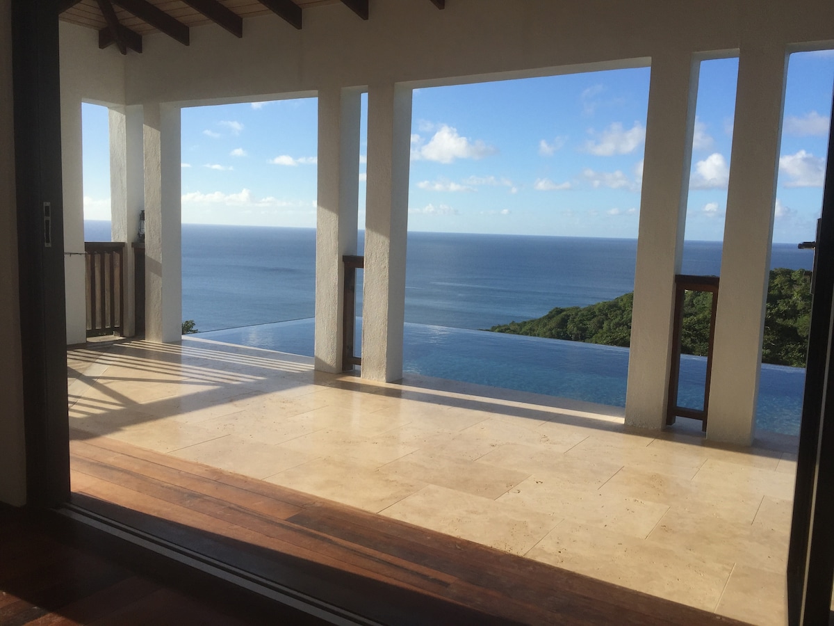 A spacious terrace is visible, featuring an infinity pool that blends seamlessly with views of the sea. Tall white columns frame the open space, with wooden railings providing contrast. The ocean horizon is clearly visible under a bright blue sky, enhancing the sense of tranquility.