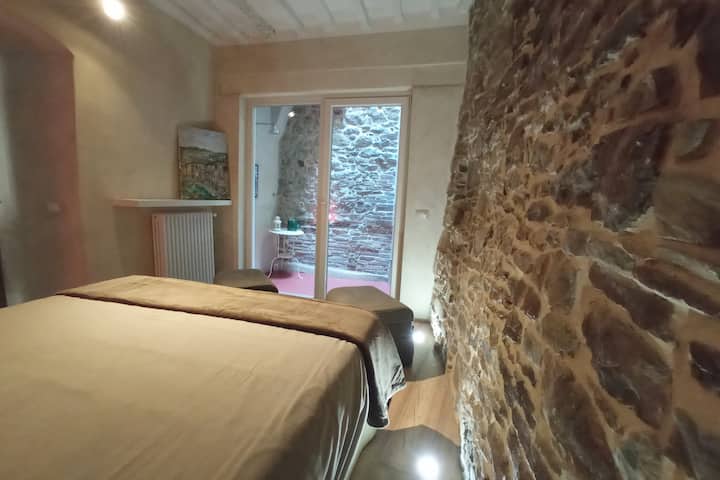 Exposed double bedroom with access to outdoor shower on small private courtyard with privacy