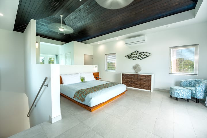 Spacious master bedroom with en suite shower and bathroom area