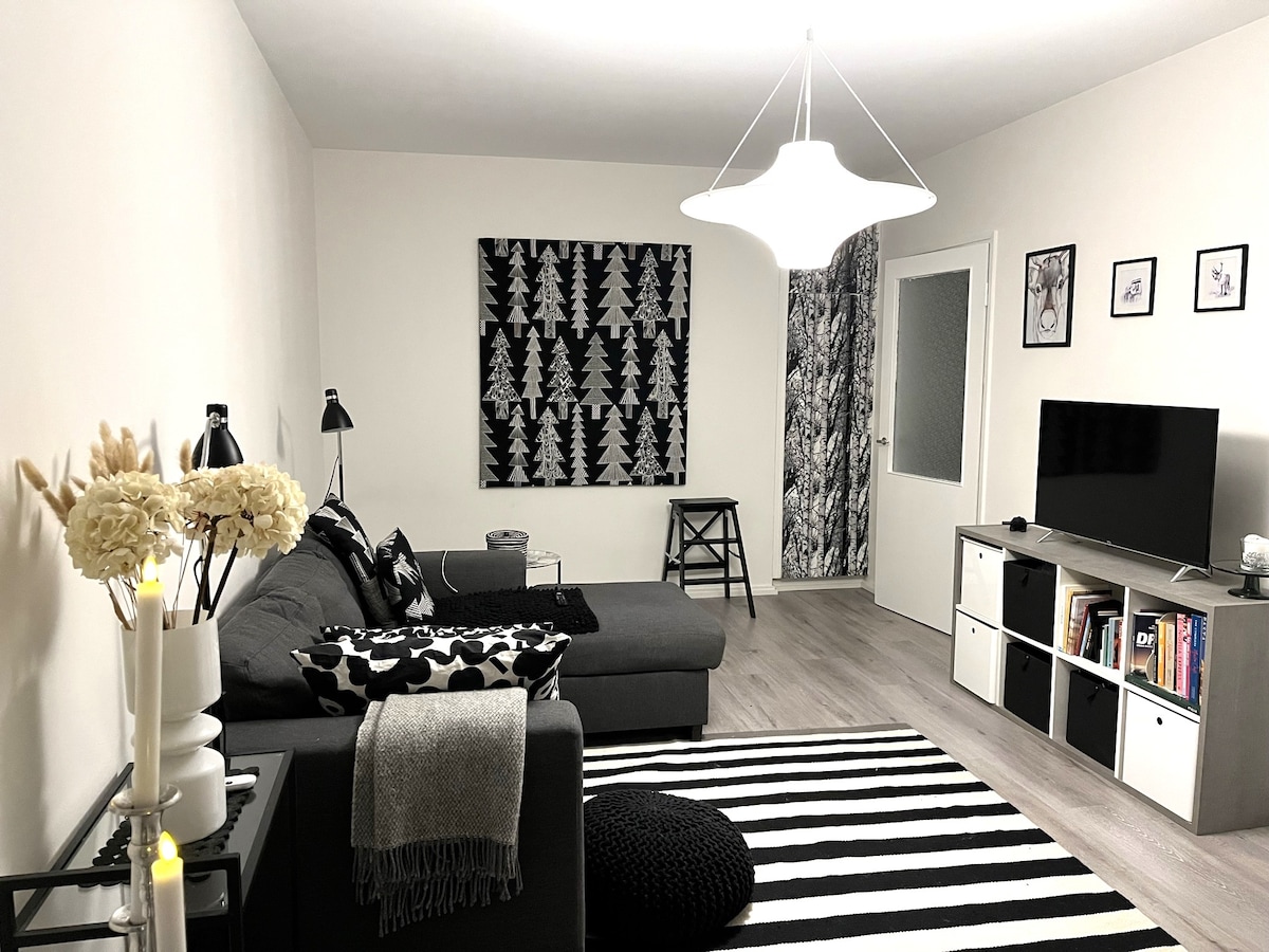 A modern living room features a sectional gray sofa adorned with black and white cushions. A decorative black and white wall art piece displays a forest theme. A flat-screen TV is placed on a simple media unit, while a contrasting striped rug covers the light wooden floor.