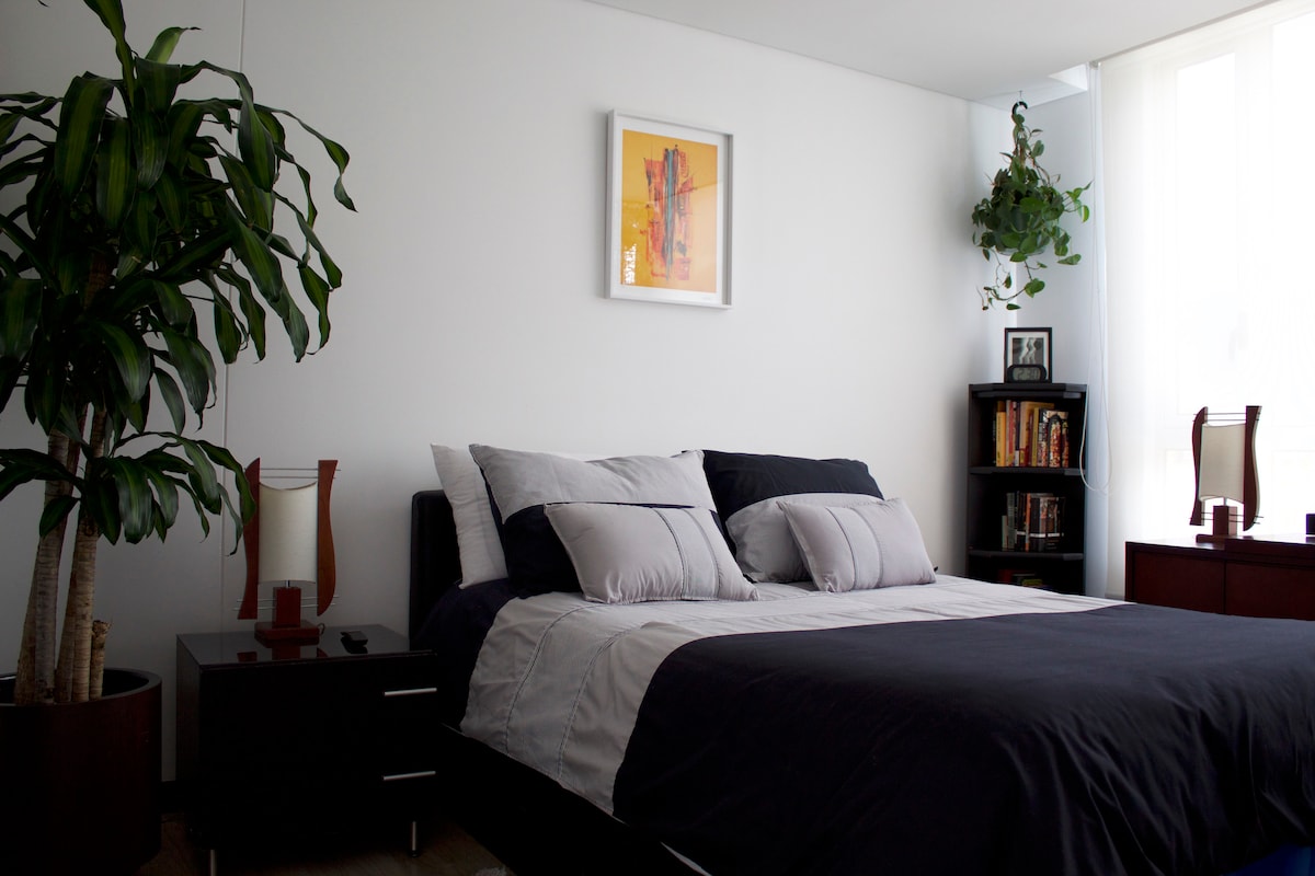 A well-appointed bedroom features a spacious bed with neutral-toned bedding and decorative cushions. A piece of wall art adds character above the bed. Nearby, a bookshelf holds various items, and vibrant plants bring a touch of nature to the bright space.