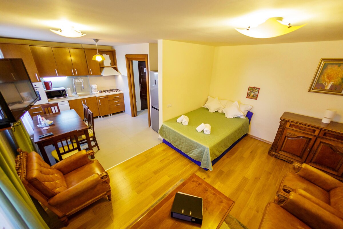 An open living space is presented, featuring a bed covered with light blue bedding, complemented by neatly arranged towels. A wooden dining table with chairs is visible, alongside brown leather armchairs. A kitchen area is partially seen on the left, enhancing the space's functionality.