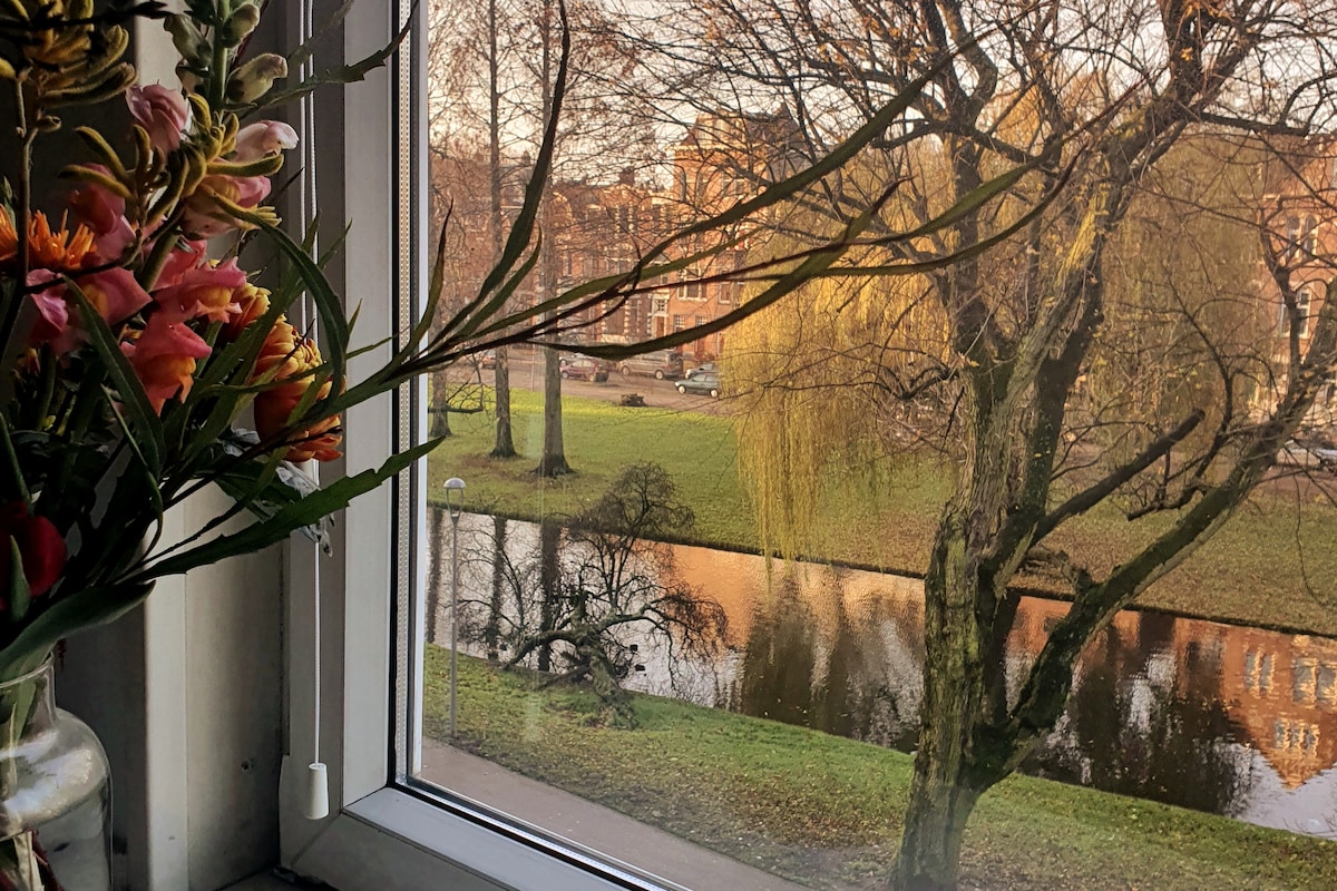A window offers a view of a serene canal with trees lining the bank. Reflections of the greenery can be seen on the water's surface. A vase with colorful flowers adds a touch of nature to the indoor scene.