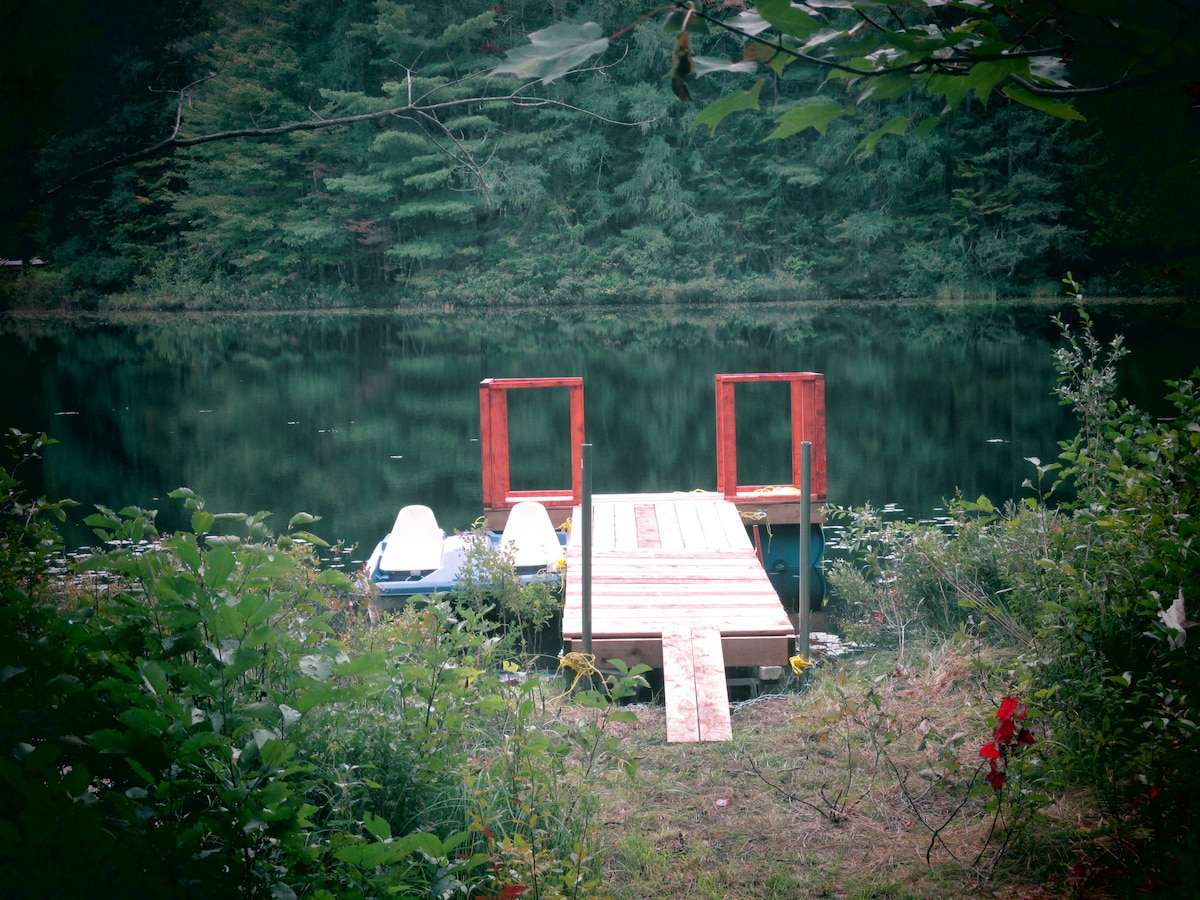 A wooden dock extends into a serene lake, framed by lush greenery. Two kayaks are secured at the edge of the dock, and the calm water reflects the surrounding trees and vegetation, creating a peaceful atmosphere.