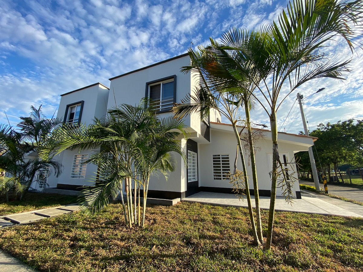 The exterior of a modern two-story house is surrounded by palm trees and landscaped greenery. The light-colored walls contrast with dark accents, and large windows provide a glimpse into the interior. A clear sky with scattered clouds adds to the tranquil setting.
