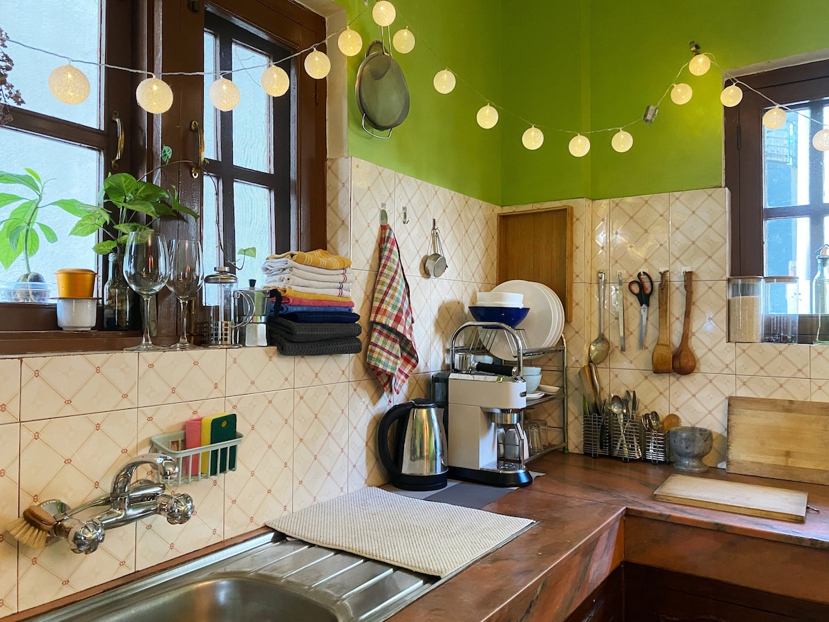 A well-equipped kitchen is characterized by green walls and decorative string lights. A sink and countertop display kitchen utensils, glassware, and a coffee machine. A variety of towels and a dish drying rack are visible, contributing to the inviting ambiance of the space.