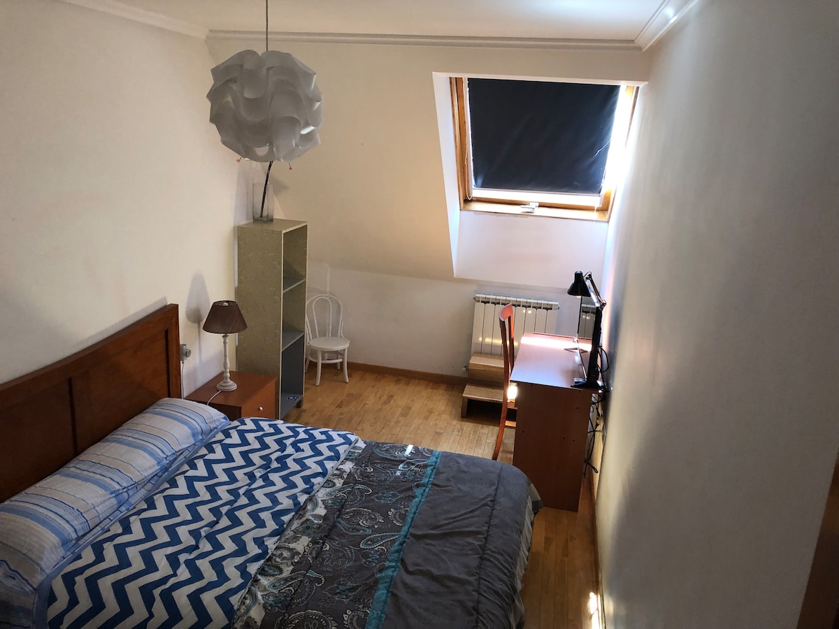 A bright sleeping area features a spacious bed covered with a patterned blanket. A wooden desk and chair are positioned near a window with a slanted ceiling. A tall shelving unit and a bedside lamp complete the room's layout, providing functional spaces for guests.