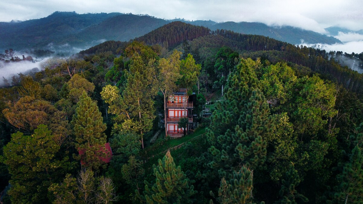 A red and wooden structure is nestled among lush green trees, surrounded by rolling hills. The building's design is complemented by a backdrop of mist-covered mountains, evoking a serene atmosphere in this tranquil natural setting.