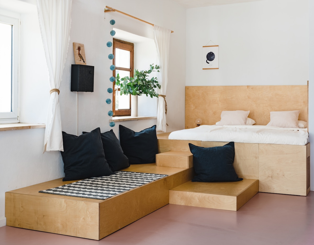 A spacious studio layout features a raised sleeping area with a cozy bed, accented by two neutral-colored pillows. A large window provides natural light, while a comfortable seating area is created with a textured rug and dark cushions. Natural elements are displayed on the walls.