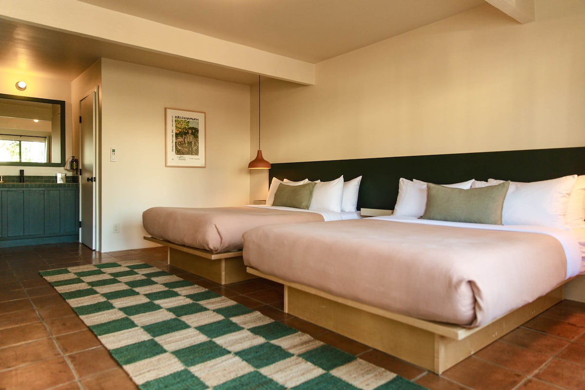 A spacious guest room features two elevated beds adorned with soft linens and decorative pillows. A muted color palette is complemented by a green accent wall. A textured area rug lies beneath the beds, while a modern light fixture hangs overhead. A vanity area with a mirror is visible in the background.