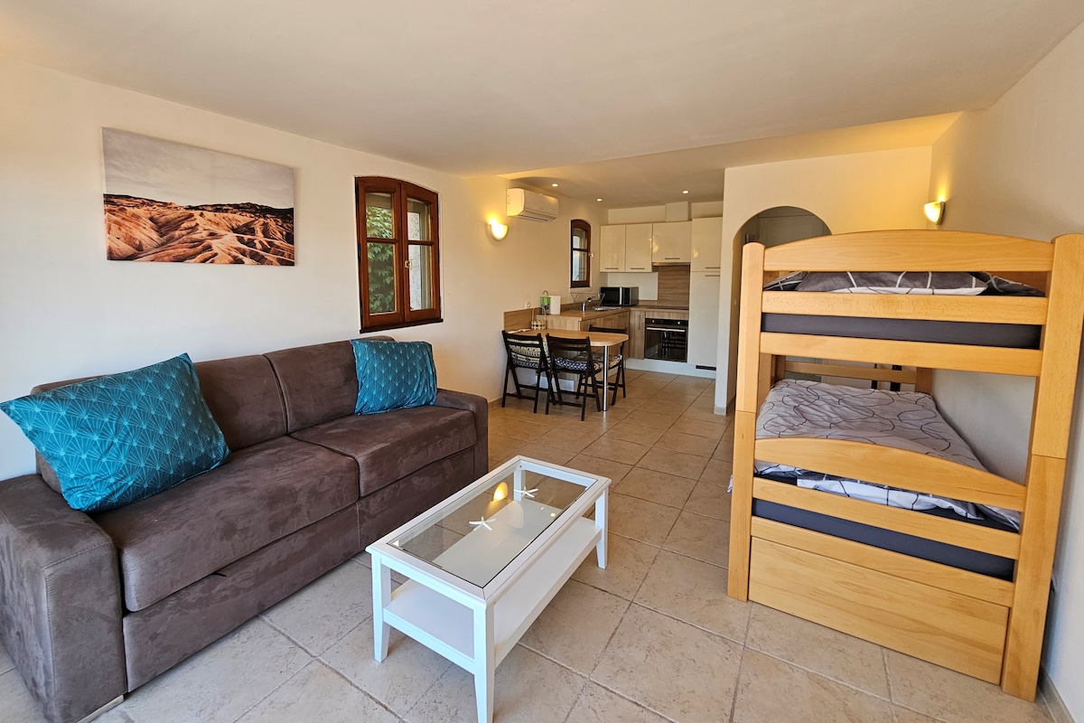 סטודיו עצמאי, מיזוג אוויר, 4 מיטות (מיטות קומתיים + ספה נפתחת), מטבח מאובזר קטן (מיקרוגל, תנור, תנור, תנור, מקרר, כיריים, כיריים, כיור, מדיח כלים), חדר מקלחת ושירותים