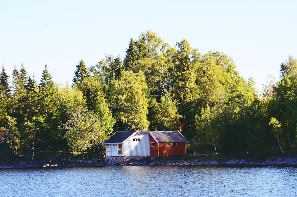 A simple cabin is nestled among lush greenery along the shoreline. The structure features a combination of white and red siding. Tall trees surround the area, creating a sense of seclusion. The tranquil lake reflects the calm environment, enhancing the natural setting.