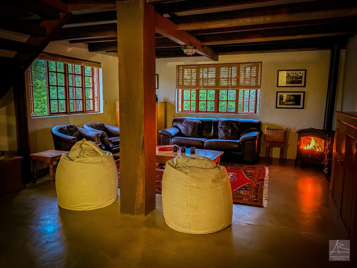 A comfortable living area features dark leather sofas and two large bean bags. Large windows allow natural light to brighten the space, complemented by a cozy fireplace. Wooden beams and a red area rug add warmth to the inviting atmosphere.