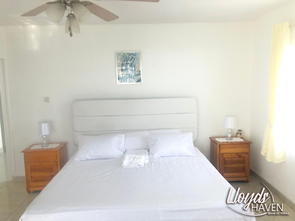 A bright and airy room features a spacious king-size bed with a neatly arranged white sheet. On either side of the bed, two wooden nightstands hold lamps. A piece of wall art adds color above the bed, and natural light streams in through a nearby window.