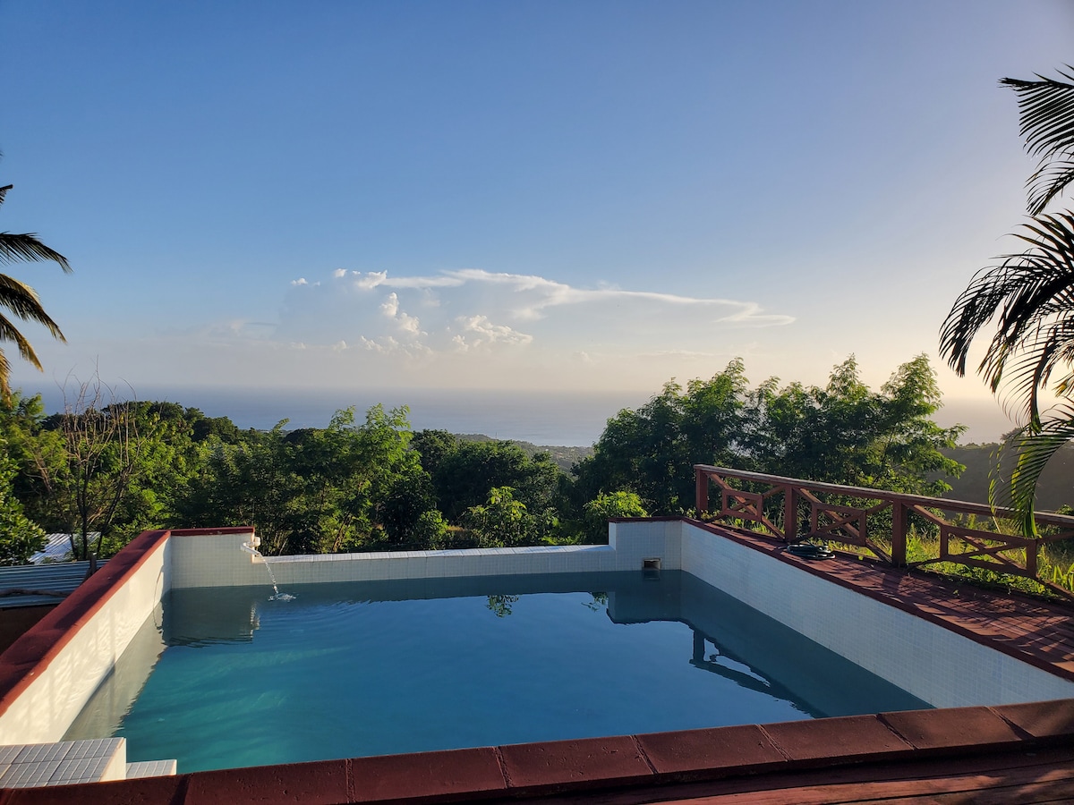 A serene swimming pool is surrounded by a wooden deck, offering expansive views of lush greenery and the ocean in the distance. The sky showcases subtle hues as the sun sets, enhancing the tranquil atmosphere of the outdoor space.
