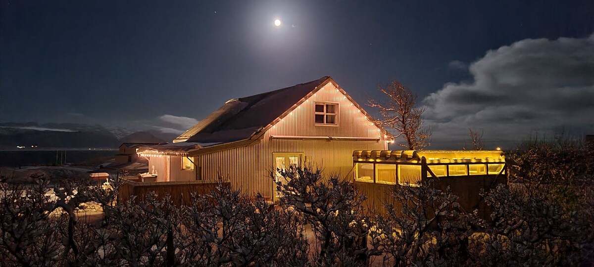 The house is illuminated by warm exterior lights, showcasing its charming structure against a nighttime backdrop. The moon casts a gentle glow, highlighting the surrounding natural landscape. Trees and shrubs frame the property, creating a tranquil atmosphere in this serene setting.