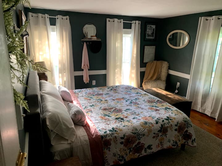 Bedroom No. 1 is the master bedroom equipped with a comfortable, yet firm king bed, a dresser, a smart TV and plenty of room to hang clothes. 