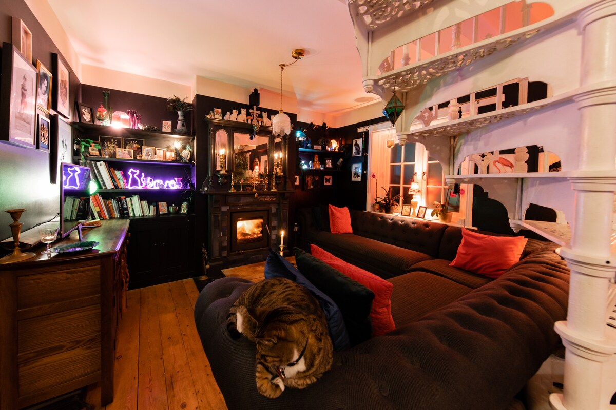 A cozy living area features a distinctive curved sofa with contrasting cushions. A variety of framed artwork adorns the walls, accompanied by decorative shelves displaying eclectic items. A warm glow from lamps and candles creates an inviting ambiance, with a cat resting contentedly nearby.
