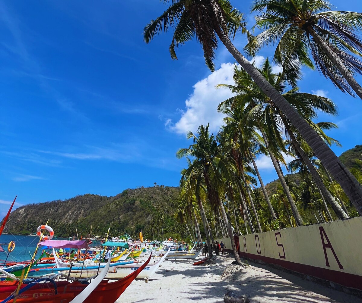 A vibrant beach scene features several colorful boats lined along a sandy shore. Tall palm trees sway gently in the breeze under a bright blue sky, while lush green hills rise in the background, creating a picturesque coastal landscape.