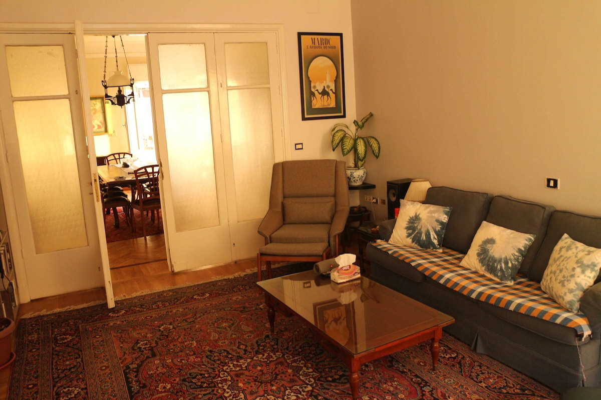 The living area features a comfortable, navy blue sofa adorned with patterned cushions. A wooden coffee table occupies the center, resting on a vibrant area rug. Light fills the space through glass-paneled doors, leading to the dining area in the background.
