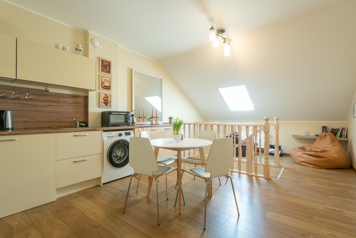A bright, airy kitchen and dining area is featured, with a round table and four chairs positioned nearby. A washing machine is present, and ample natural light enters through a skylight. A cozy bean bag can be seen in the corner, enhancing the relaxed setting.