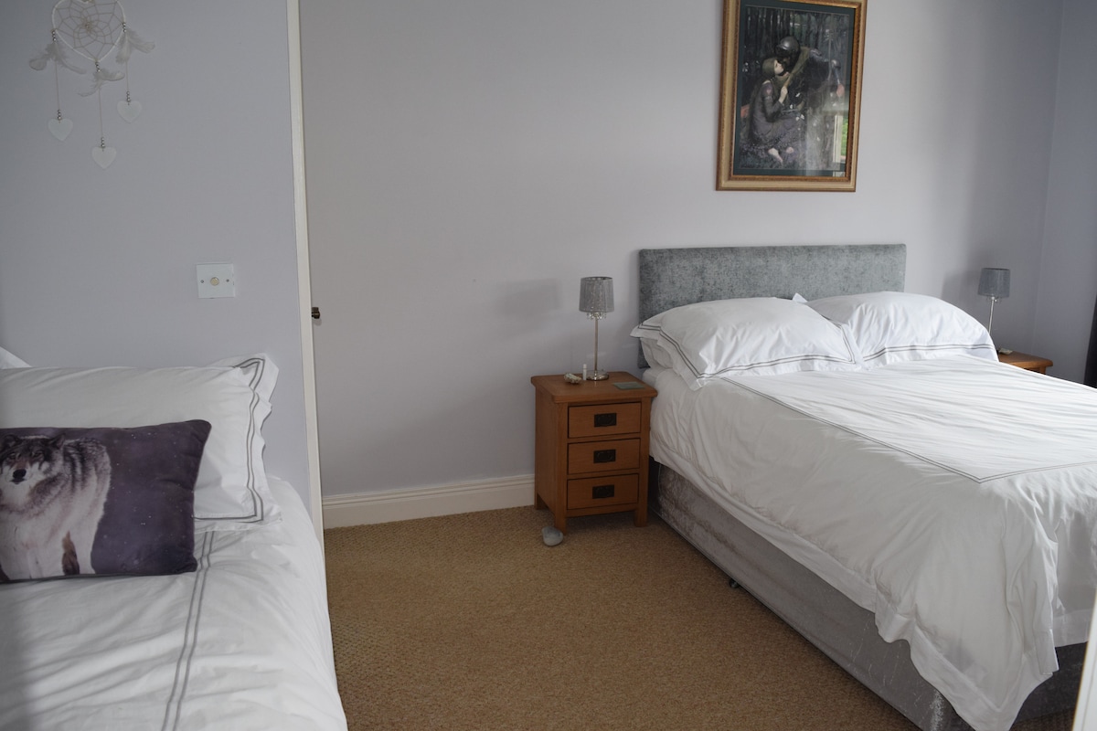 A well-lit bedroom features a spacious double bed and a single bed with crisp white bed linens. A small bedside table stands beside the double bed, complemented by a silver lamp. A nature-themed artwork adorns the wall, adding subtle character to the room.