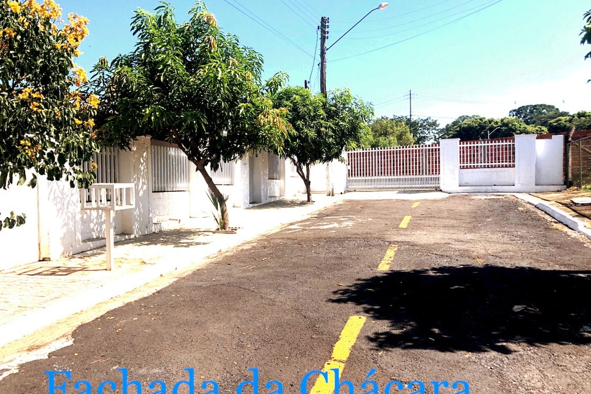 A well-maintained pathway leads to a gated entrance, flanked by lush trees with yellow blossoms. A white wall surrounds the property, enhancing privacy, while a clear blue sky provides an open backdrop. The road is marked with a single yellow line.