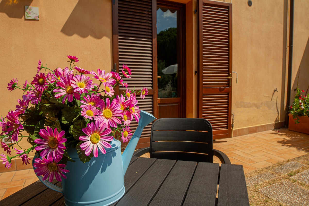 A colorful watering can filled with pink flowers is placed on a dark wooden table, with a view of an open door leading to an interior space. Sunlight illuminates the area, highlighting the warm tones of the wall and the outdoor setting.