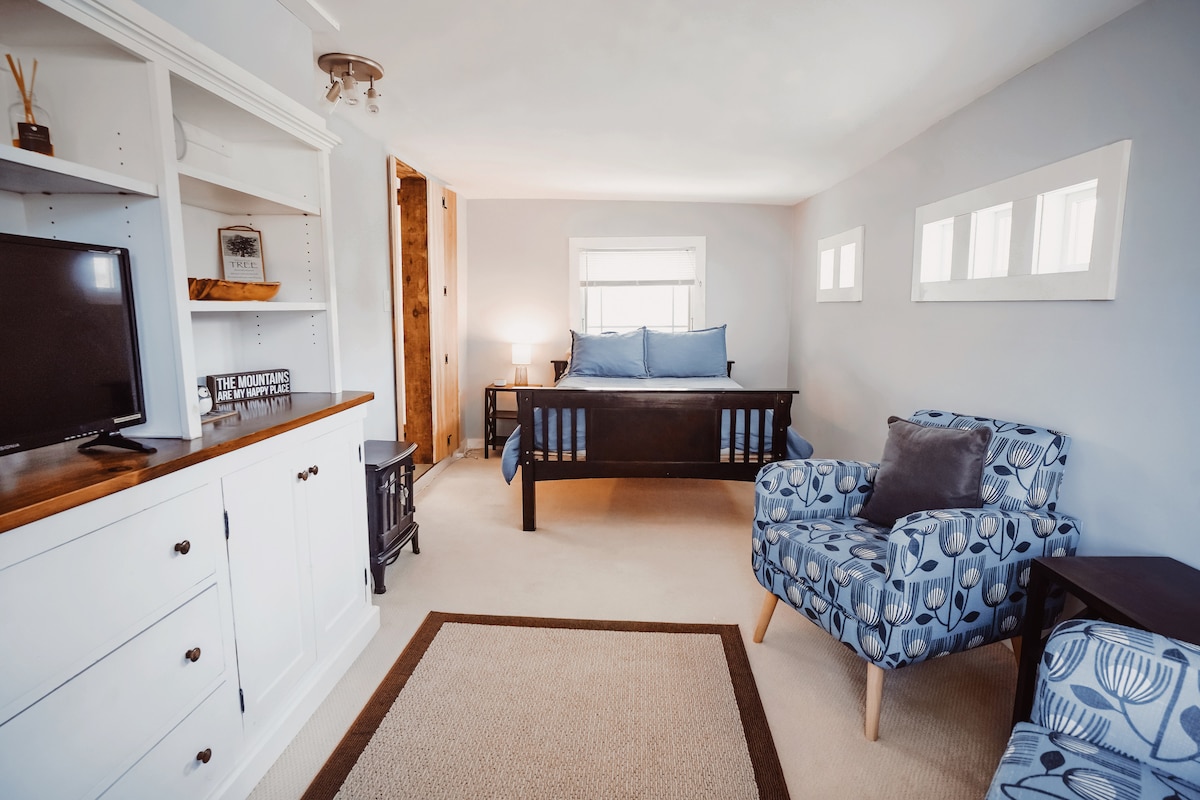 غرفة نوم في الطابق الرئيسي (كاملة الحجم) مع منطقة جلوس وتلفزيون أبل 