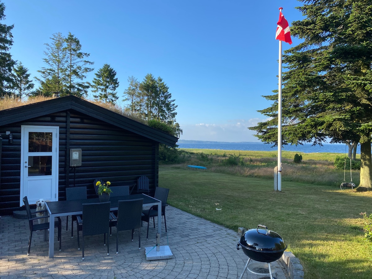 An outdoor dining area features a large table surrounded by black chairs, overlooking the sea. A charcoal grill is positioned nearby, and a flagpole with a Danish flag stands tall. Lush green grass surrounds the space, framed by trees in the background.