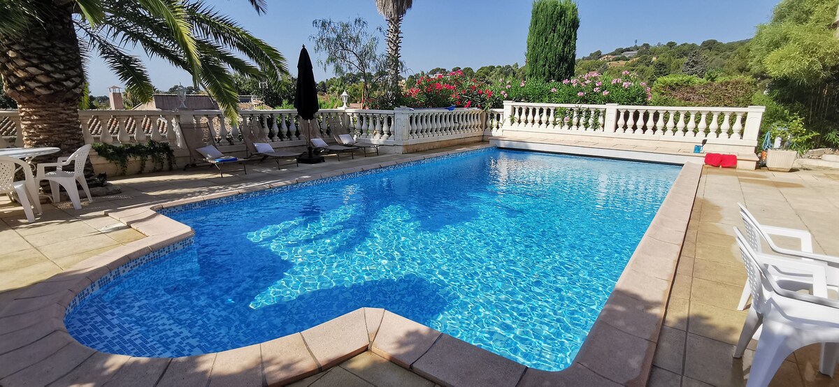 A large swimming pool is surrounded by sun loungers and palm trees, with decorative stone balustrades framing the area. Bright blue water reflects the clear sky, creating a serene outdoor space for relaxation.