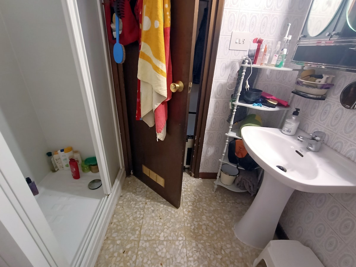 The bathroom features a shower area with white tiles and a corner shelf holding various toiletries. A sink with a mirror is positioned beside the wooden door. Towels are hanging neatly, and the floor is finished with light-colored speckled tiles.