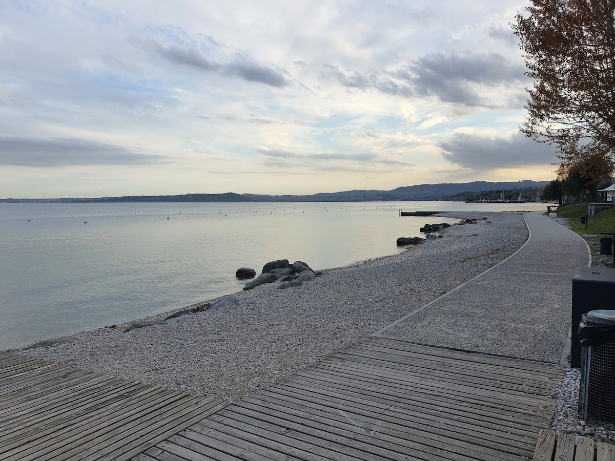 A serene lakeshore is presented, with gentle waves lapping against smooth stones and sandy patches. A wooden boardwalk extends along the water's edge, leading into the distance. Soft clouds fill the sky, reflecting subtle hues as the day transitions to evening.