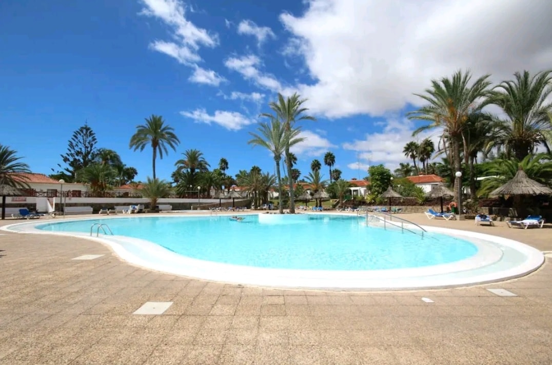 A large, inviting swimming pool is surrounded by palm trees and lush greenery. Sun loungers are placed along the poolside, while a thatched-roof gazebo provides shaded seating. The clear blue water is complemented by a bright sky, creating a serene outdoor atmosphere.