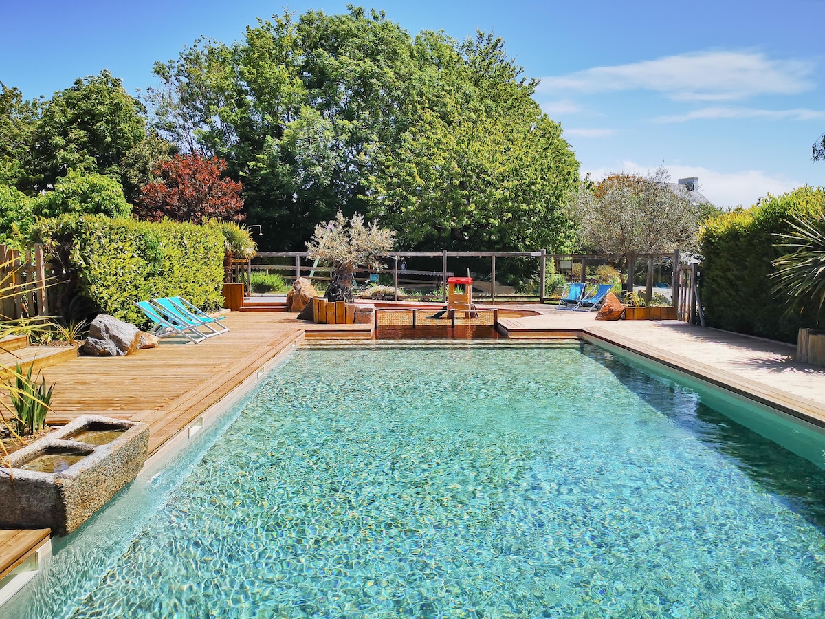 A serene outdoor pool area is surrounded by lush greenery and wooden decking. Bright blue lounge chairs are positioned around the pool, offering ample space for relaxation. Natural landscaping creates a tranquil environment, complemented by the clear, inviting waters of the heated pool.
