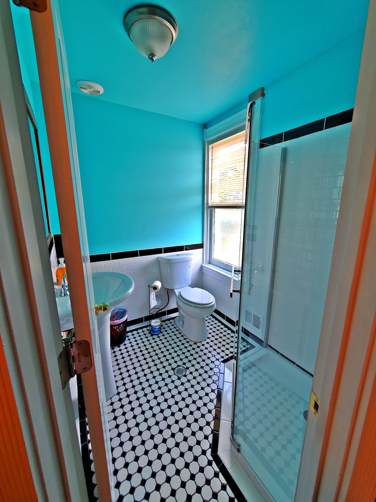 A bright bathroom is presented, featuring turquoise walls and black and white checkered flooring. The space includes a shower stall with glass doors, a toilet, and a basin set against a window that invites natural light.