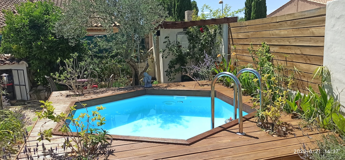 A private hexagonal pool surrounded by a wooden deck features lush greenery and flowering plants. The pool reflects a clear blue hue, while two metal handrails provide access. The outdoor space is designed for relaxation, with a natural ambiance enhanced by surrounding foliage.