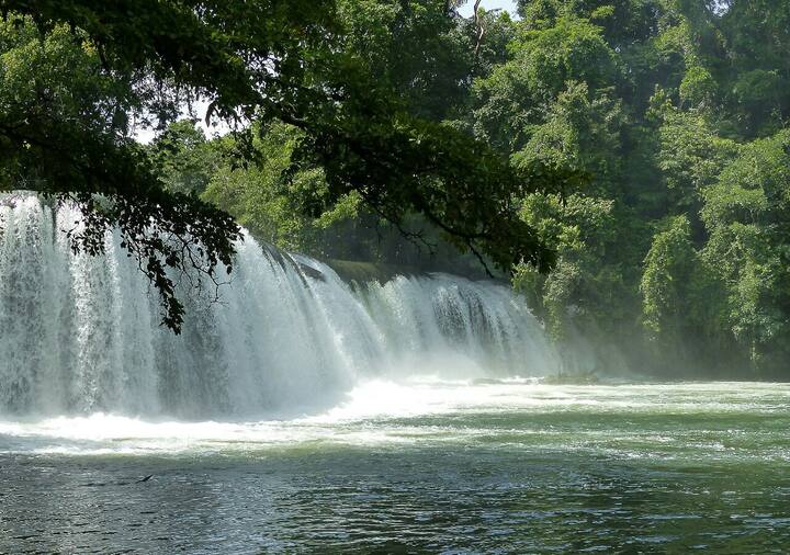 A cascading waterfall flows into a serene body of water, surrounded by vibrant green foliage. Mist rises from the waterfall, blending into the lush landscape, creating a tranquil atmosphere. Sunlight filters through the trees, adding a soft glow to the scene.