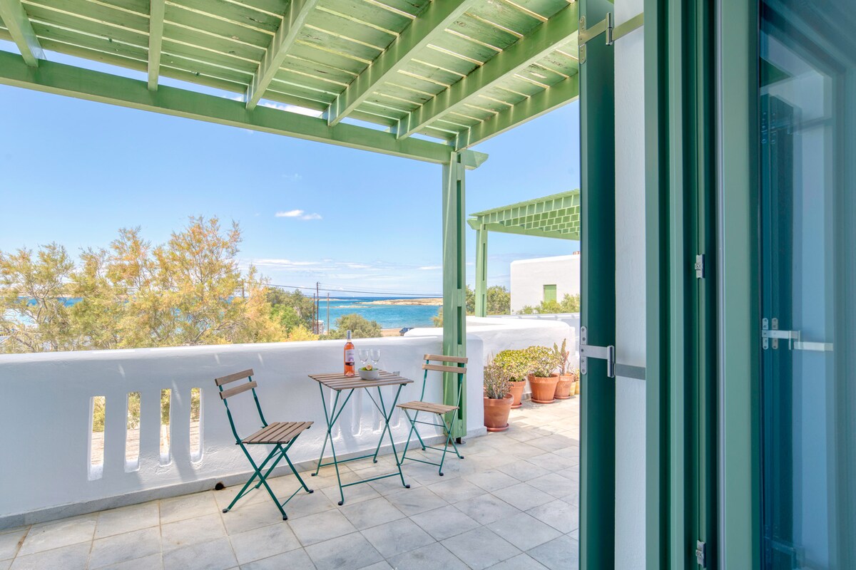 A spacious terrace is highlighted with green wooden beams, featuring two folding chairs and a small table set up for outdoor dining. Potted plants are arranged along the walls, while a view of the turquoise sea is visible in the background.