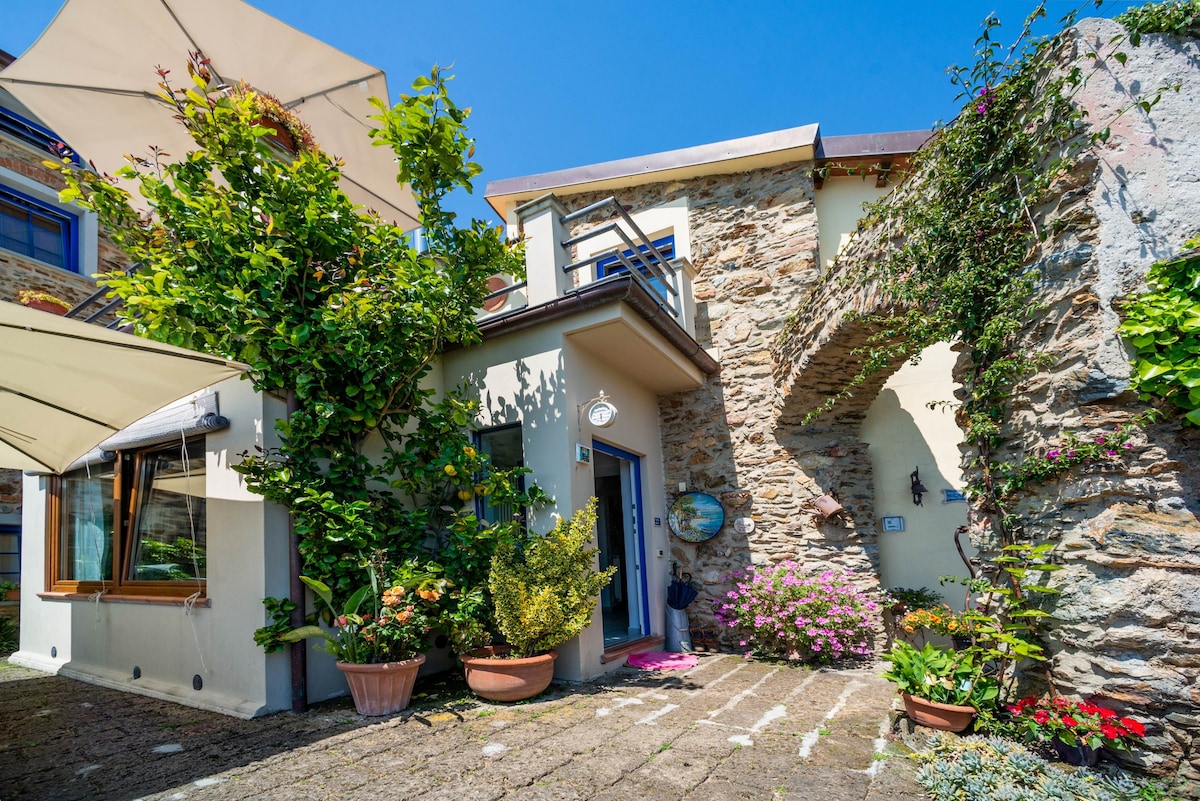 A charming entrance is framed by vibrant greenery and colorful flowers in planters. The stone façade is complemented by a sunshade, enhancing the welcoming atmosphere of the country house entrance. Natural light brightens the space, highlighting the inviting path to the door.