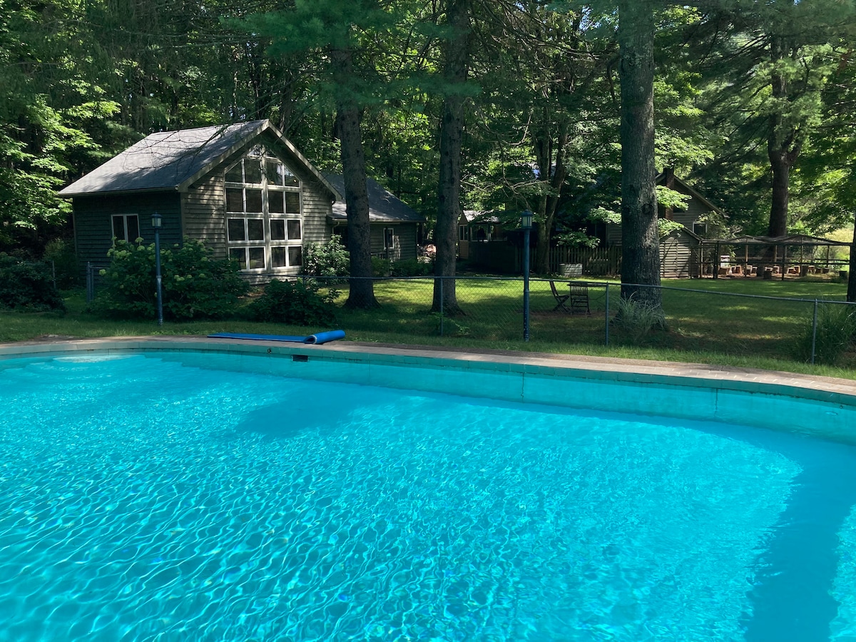 A sparkling heated pool is framed by natural surroundings, with a stand-alone guest house visible in the background. Lush trees create a serene atmosphere, enhancing the privacy of the outdoor space. Nearby, seating areas and open grass provide inviting spots for relaxation.