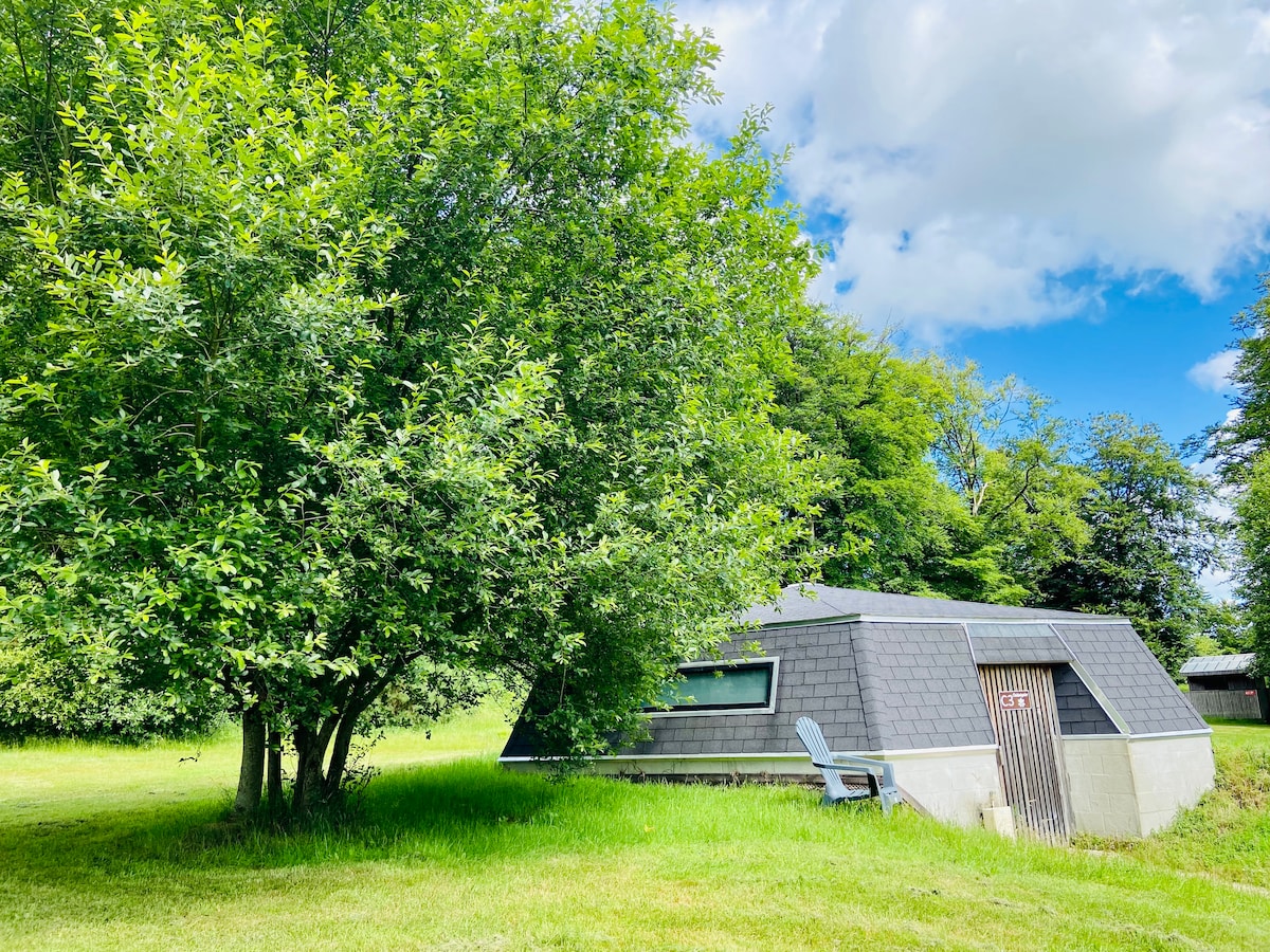 A semi-buried gîte is nestled in a grassy area, surrounded by trees. The structure features a gray, sloped roof with large windows that are positioned close to the ground. A single outdoor chair is visible beside the gîte, offering a spot to relax in nature.
