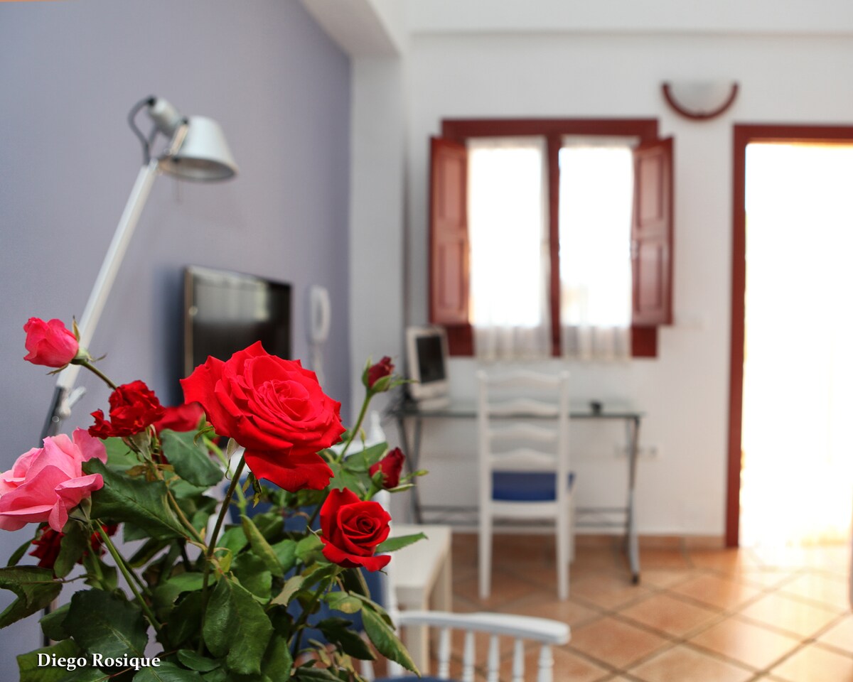 A cozy living area features a desk and chair positioned by a window with wooden shutters. A television is mounted on the wall, while a bouquet of vibrant roses adds a touch of color to the space.