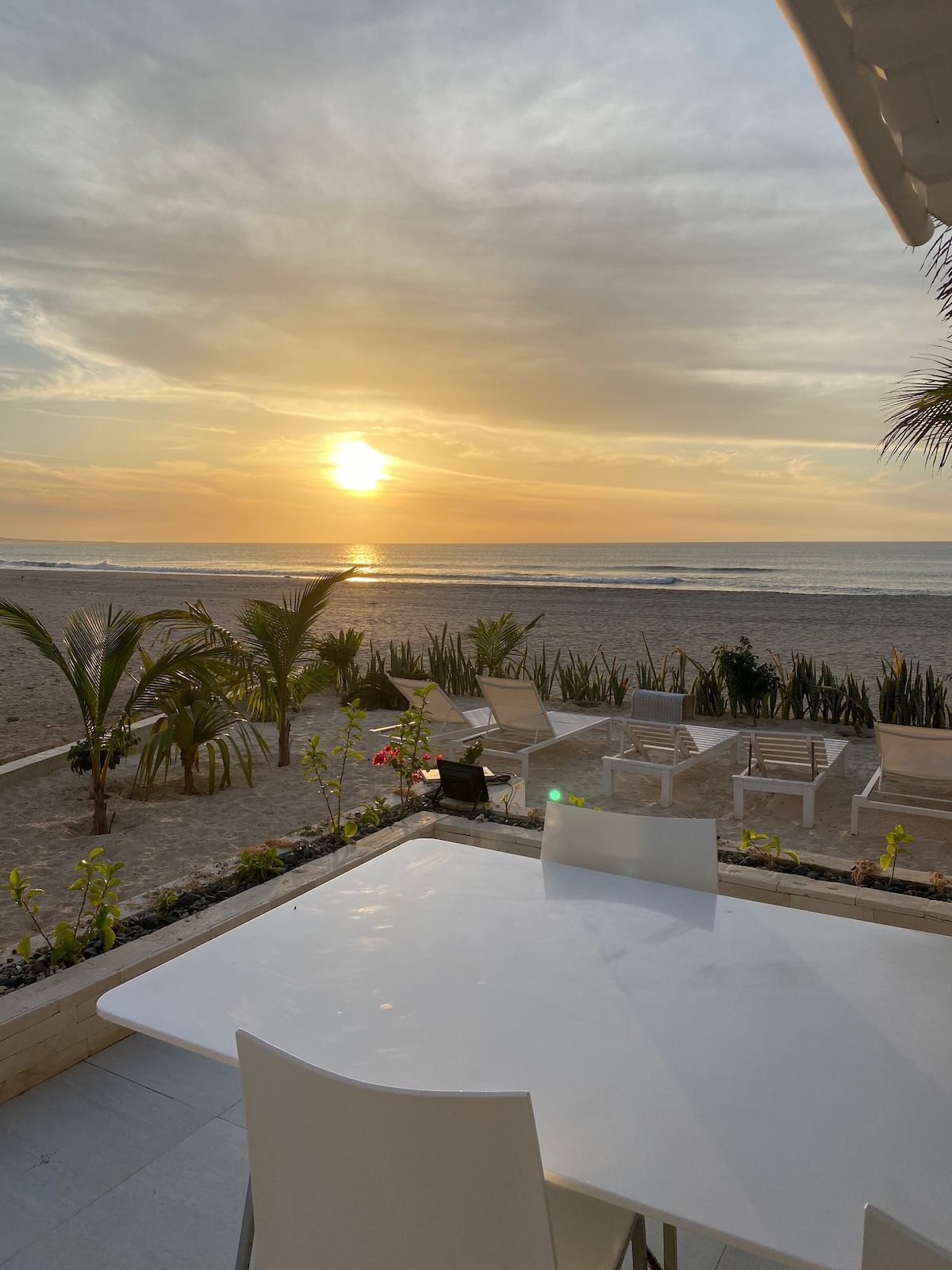 A tranquil beachfront view is captured at sunset, with soft sunlight reflecting on the water. A white table is positioned in the foreground, surrounded by comfortable outdoor seating. Lush palms and carefully arranged plants delineate the patio space, creating an inviting atmosphere.