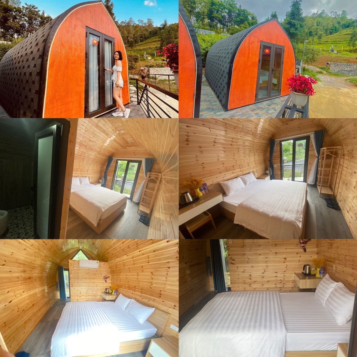 A collection of images showcases the exterior and interior of the homestay. The unique, rounded cabins feature wood and striking orange facades. Inside, warm wooden walls highlight the clean, minimalist design, which includes spacious beds, a small desk, and large windows that let in natural light.